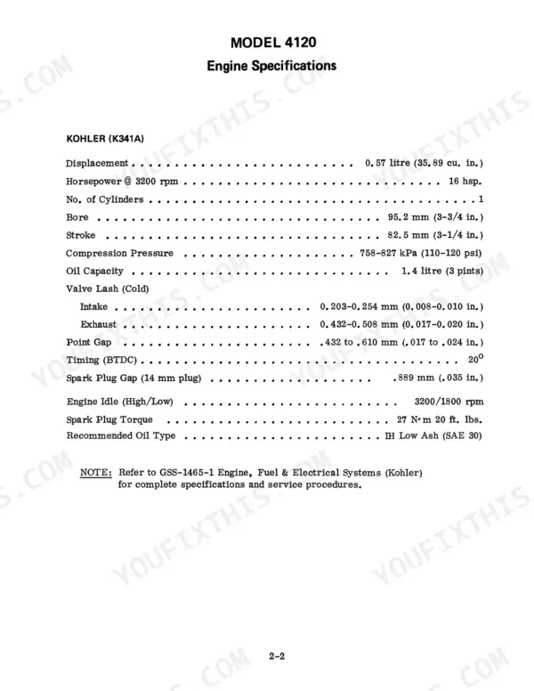 Case 4120, 4125, 4130, 4135, 4136, 4140, 4150, 4155 Kohler K341A engine specifications table including valve lash and torque.