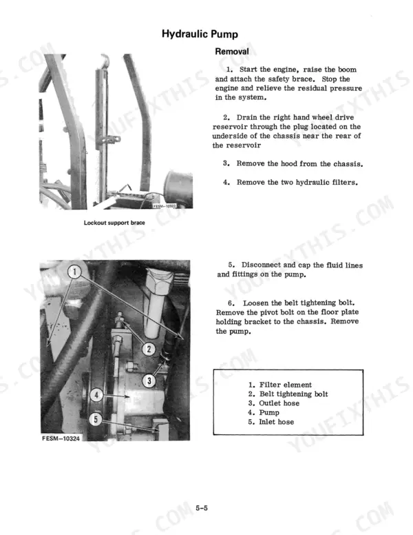 Case 4120-4155 Loader hydraulic pump removal procedure, showing lockout brace, pump components, and belt tightening bolt.
