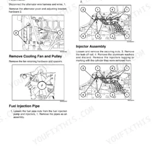 Case 422/M2, 422T/M2 engine disassembly procedures for alternator, cooling fan, fuel pipes, and injector assembly.
