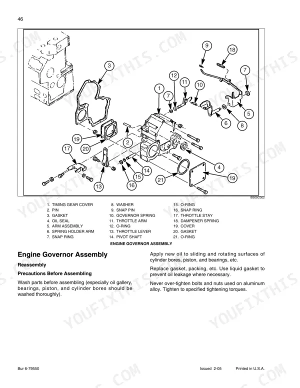 Case 422/M2, 422T/M2 exploded view of engine governor assembly with parts list and reassembly precautions.