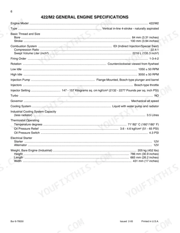 Case 422/M2, 422T/M2 general engine specifications table including bore, stroke, firing order, and idle speeds.