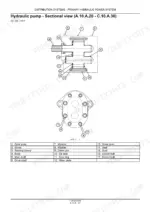 case-435-445ct-445-skid-steer-loader-compact-track-loader-repair-manual-bur-6-75491-exploded-view-41.webp Case 435, 445CT, 445 hydraulic pump sectional view diagram with numbered component parts list and assembly details.