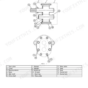 Case 435, 445CT, 445 hydraulic pump sectional view diagram with numbered component parts list and assembly details.