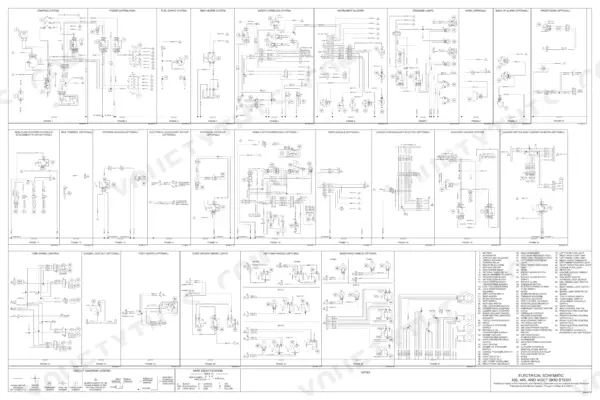 Case 435, 445CT, 445 electrical schematic showing wiring diagrams for starting, lighting, and auxiliary systems with component list.