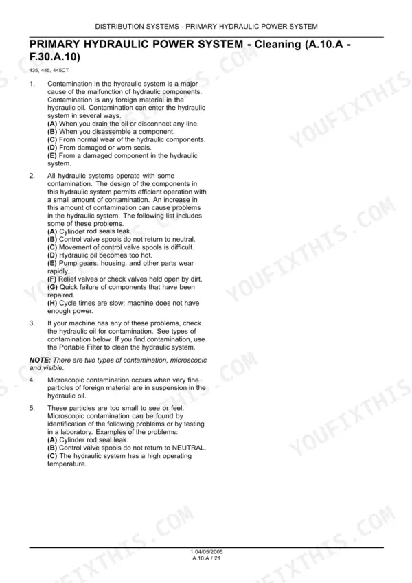 Case 435, 445CT, 445 primary hydraulic power system cleaning procedure and contamination troubleshooting guide.