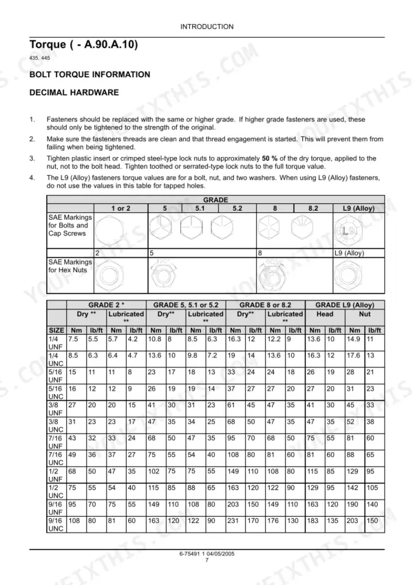 Case 435, 445CT, 445 decimal hardware bolt torque specification table for various SAE grades and bolt sizes.
