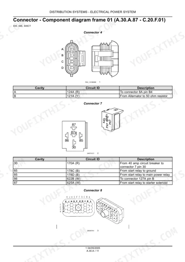 Case 435, 445CT, 445 electrical connector diagrams and pinout tables for connectors 4, 7, and 8.