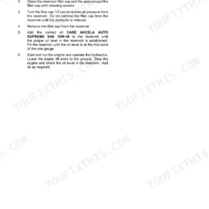 Case 435, 445CT, 445 service manual page detailing the hydraulic reservoir filling procedure and oil specifications.