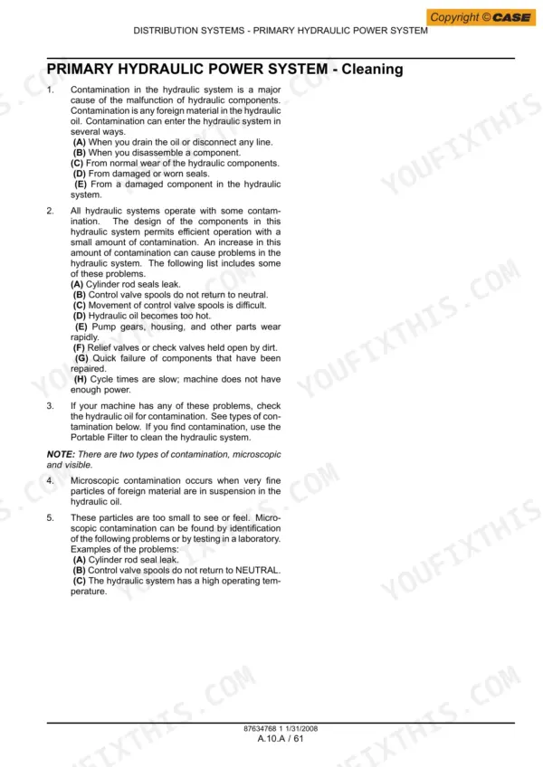Case 435, 445CT, 445 primary hydraulic power system cleaning and contamination troubleshooting guide.