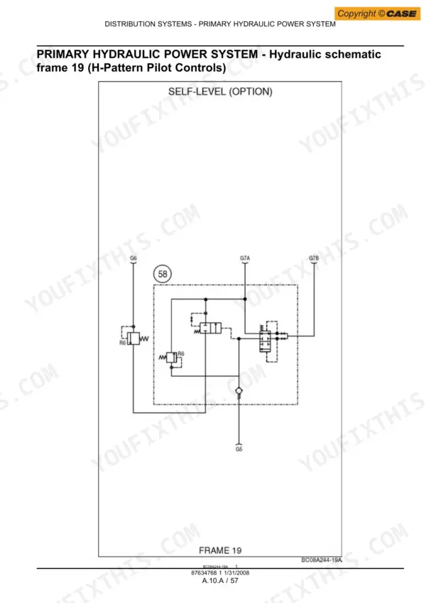 Case 435, 445CT, 445 hydraulic schematic for primary power system frame 19, showing self-level option pilot controls.