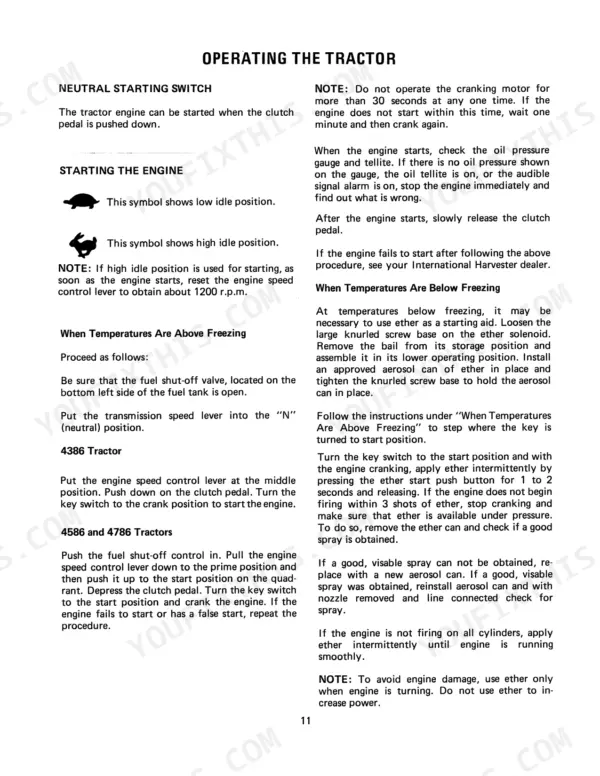 Case 4386, 4586, 4786 operator manual: engine starting procedures, neutral switch, and cold weather ether starting guide.