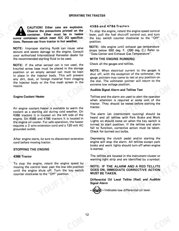 Case 4386, 4586, 4786 operating procedures for engine starting, coolant heater, stopping the engine, and alarm testing.
