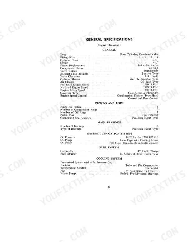 Case 440, 441 gasoline engine general specifications table covering pistons, bearings, lubrication, fuel, and cooling systems.