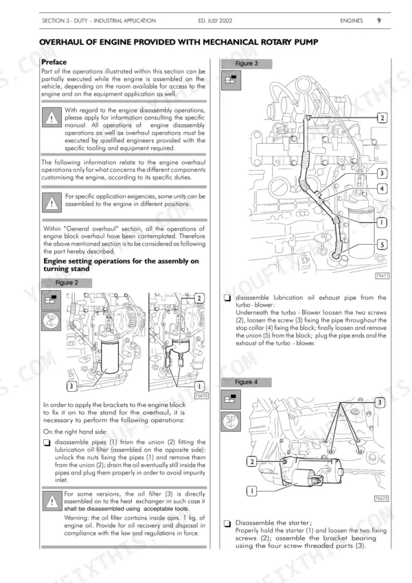 Case 445TA/M2, 667TA/M2, PX110, PX140, PX170 engine overhaul procedures for oil pipes, turbo exhaust, and starter motor.