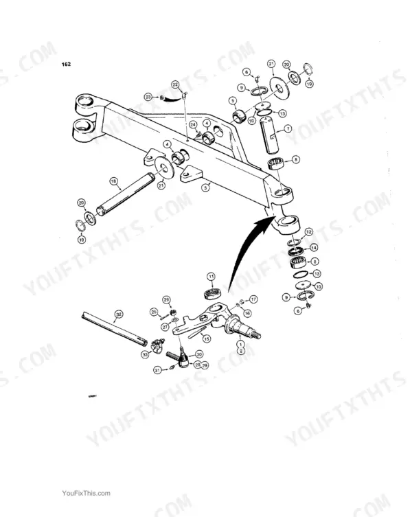 Case 480C exploded view diagram of the front axle assembly, steering knuckles, bushings, and tie rod components.