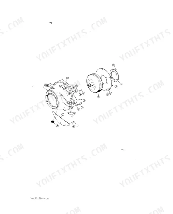 Case 480C exploded view diagram of the torque converter housing, converter, and mounting hardware components.