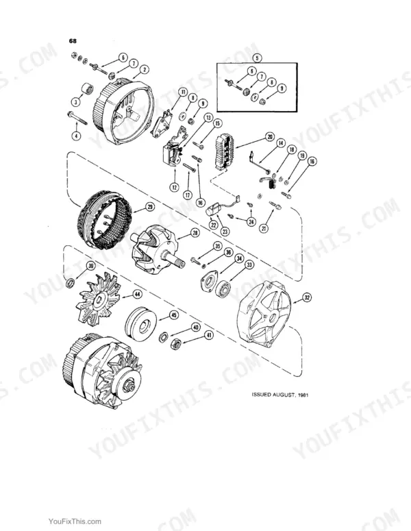 Case 480C exploded view diagram of the alternator assembly showing internal components, housing, rotor, and stator.