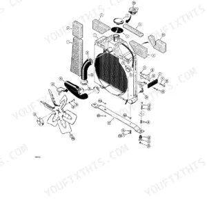 Case 480C exploded view diagram of the engine radiator, cooling fan, hoses, and mounting hardware components.