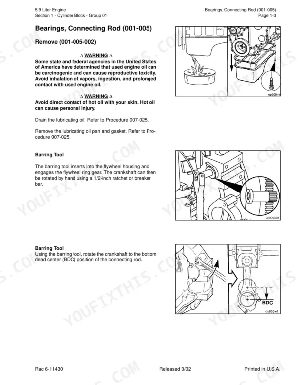 Case 5.9L repair manual — connecting rod bearing removal, oil pan drainage, and barring tool procedures