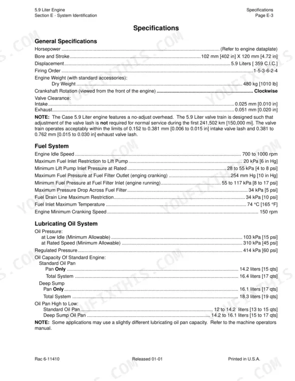 Case 5.9L diesel engine — specifications table for fuel, oil, and general data