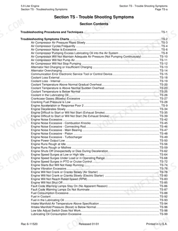 Case 5.9L service manual — troubleshooting symptoms index and fault diagnostic charts