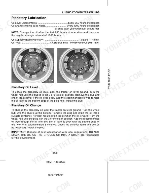 Case 5120, 5130, 5140, 5150, Maxxum Tractors planetary lubrication, oil level check, and oil change procedures.