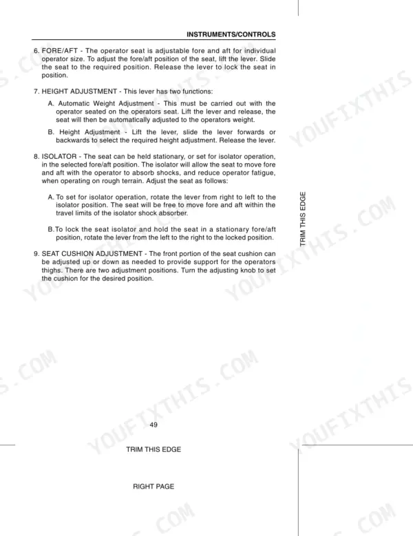 Case 5120, 5130, 5140, 5150, Maxxum Tractors operator seat adjustment procedures for fore/aft, height, isolator, and cushion.