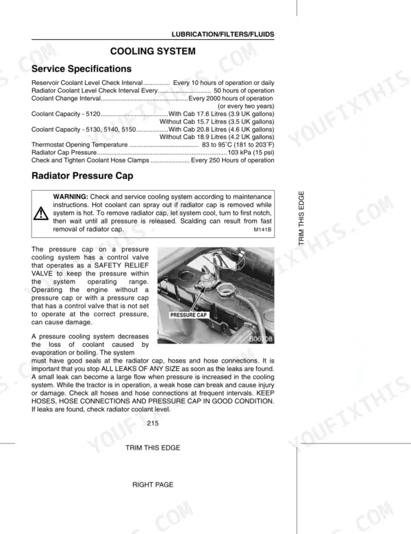 Case 5120, 5130, 5140, 5150, Maxxum Tractors cooling system specifications, coolant capacity table, and radiator cap safety.