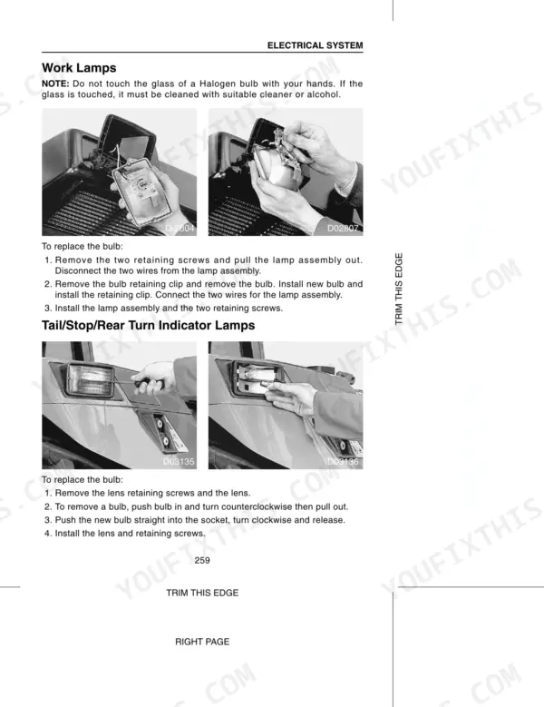 Case 5120, 5130, 5140, 5150, Maxxum Tractors: Procedures for replacing work lamps and tail, stop, and turn indicator bulbs.