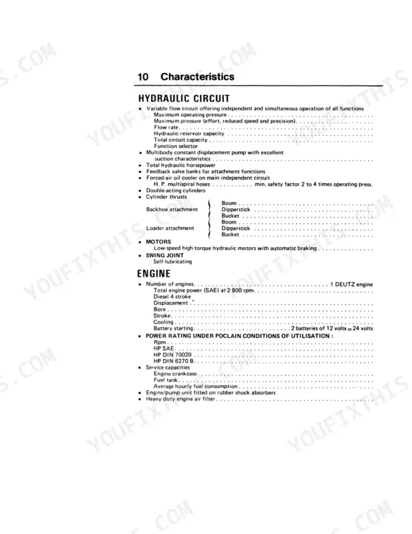 Case 60 CL-160 CK manual page 10: Hydraulic circuit and Deutz engine technical specifications and characteristics table.
