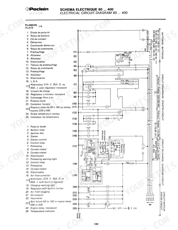 Case 60P-1000CK electrical circuit diagram showing battery, starter, charging, and engine circuits with component legend.