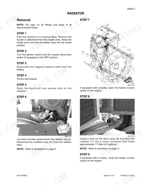Case 60XT, 70XT SKID STEER, 60: Radiator removal procedures, engine coolant drain steps, and component location diagrams.