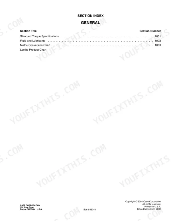 Case 60XT, 70XT SKID STEER, 60: General section index for torque, fluids, conversion, and Loctite charts.