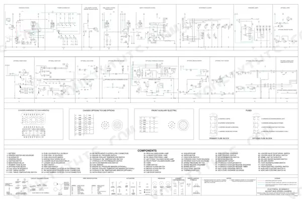 Case 60XT, 70XT SKID STEER, 60 electrical schematic wiring diagram, component list, fuse blocks, and harness pinouts.