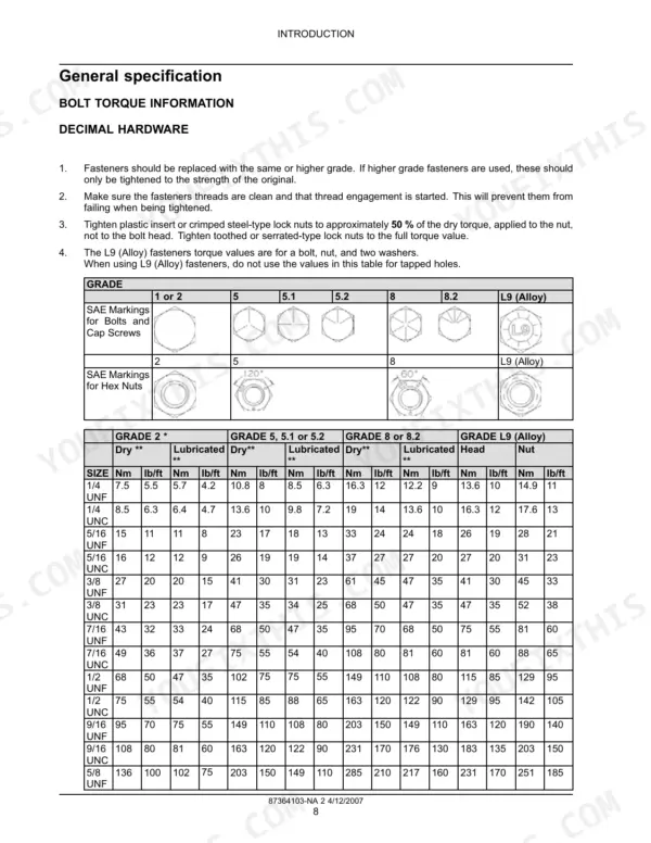 Case 650K, 750K, 850K TIER II bolt torque specification table for decimal hardware, including SAE grade markings and sizes.
