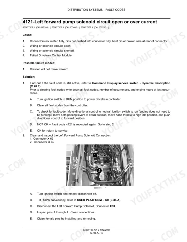 Case 650K TIER II, 750K TIER II, 850K TIER II troubleshooting for fault code 4121 Left forward pump solenoid circuit.
