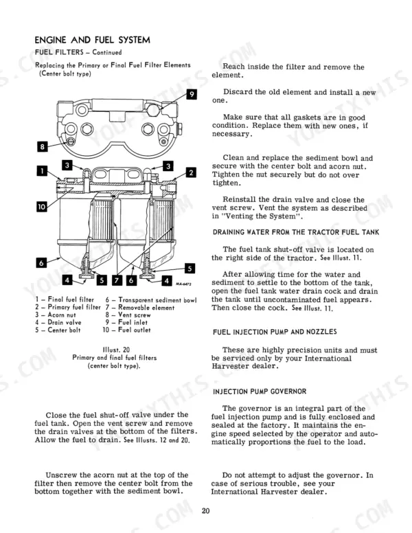 International 664 Diesel Tractor: Fuel filter diagram.