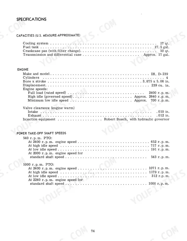 International 664 Diesel Tractor: engine and PTO specs.