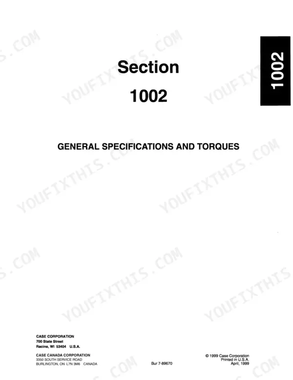 Case 686G, 686G XR, 686GXR service manual section 1002, general specifications and torques cover page.