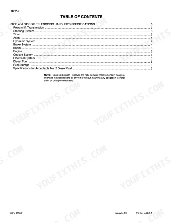 Case 686G, 686G XR, 686GXR table of contents page listing specifications for transmission, hydraulics, engine, and fuel.