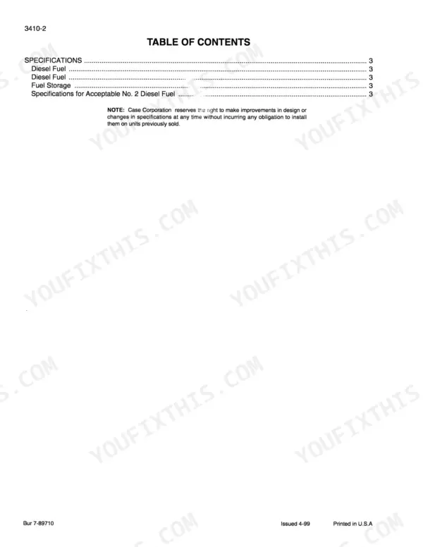 Case 686G, 686G XR, 686GXR service manual table of contents page listing diesel fuel and storage specifications.