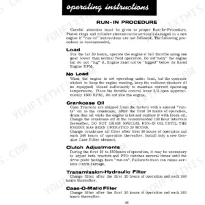 Case 730-843 engine run-in procedure, oil change intervals, clutch adjustments, and filter maintenance instructions.