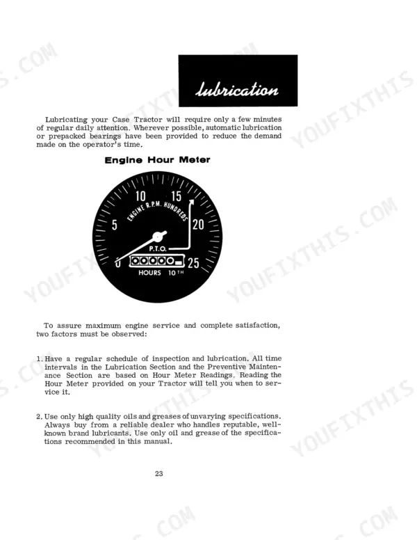Case 730-843 manual page showing engine hour meter diagram and lubrication maintenance schedule instructions.