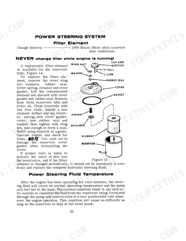 Case 730-843 manual: Power steering system filter element replacement procedure and exploded view diagram of reservoir components.