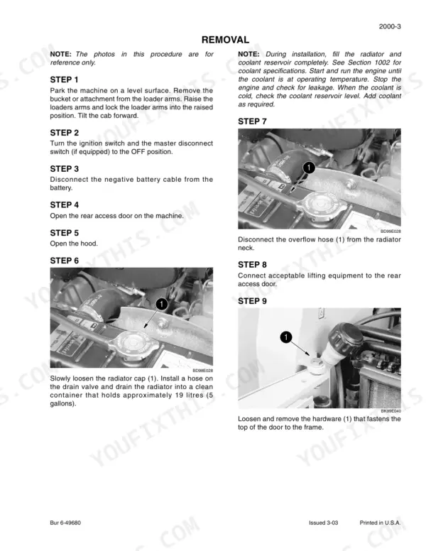 Case 75XT service manual page showing radiator removal steps, hose disconnection, and rear access door hardware removal.