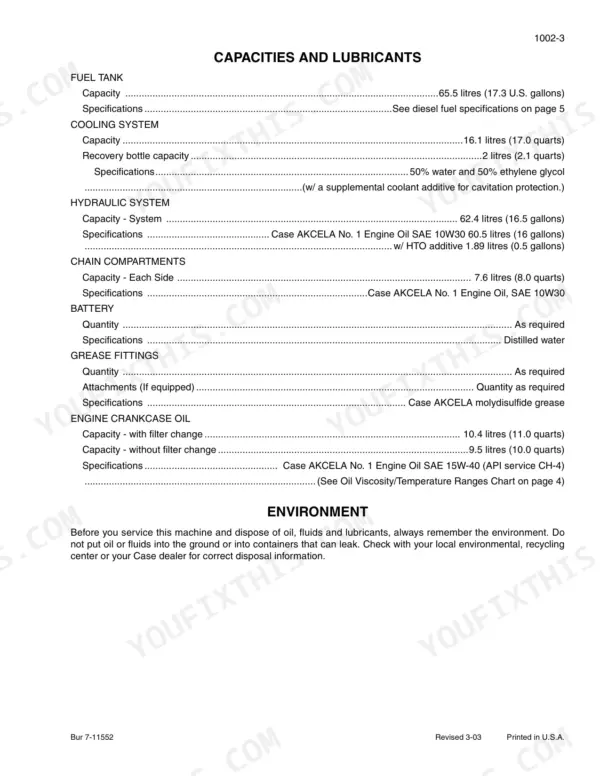 Case 75XT service manual page listing fluid capacities and lubricant specifications for fuel, cooling, hydraulic, and engine systems.