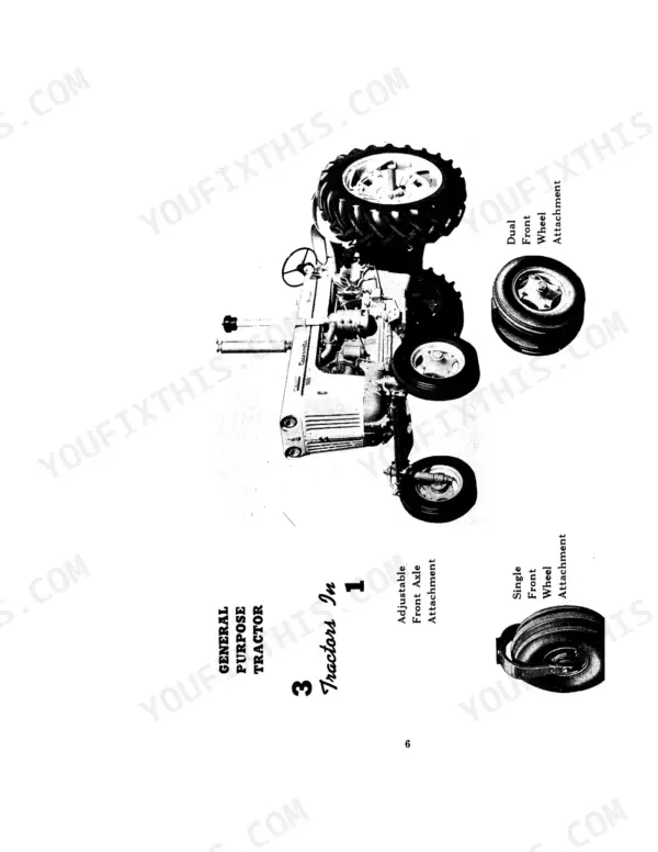 Case 800B, 800, 801, 803 general purpose tractor showing adjustable front axle, dual front wheel, and single front wheel attachments.