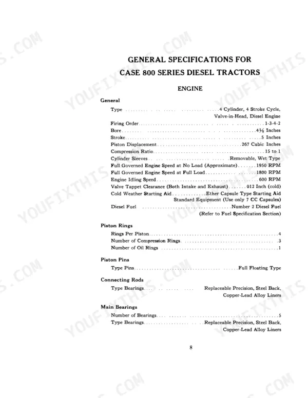 Case 800B, 800, 801, 803 engine general specifications table including bore, stroke, firing order, and valve clearance.