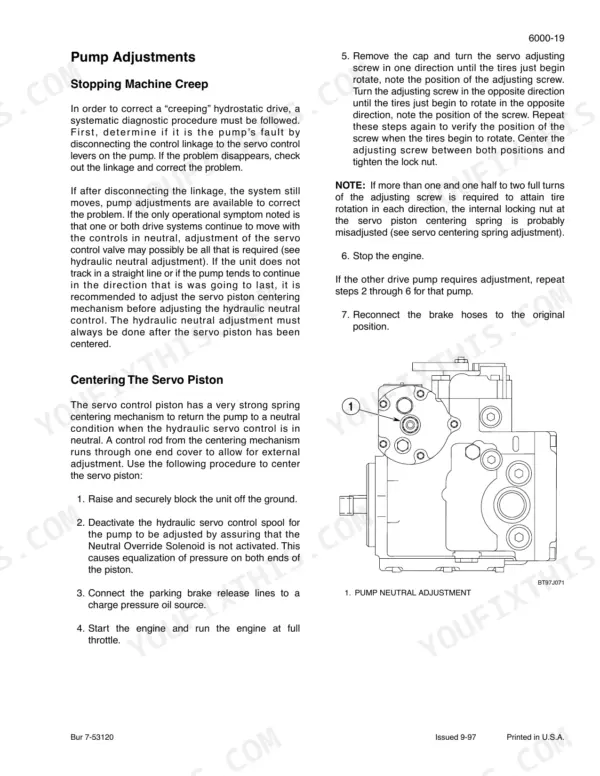 Case 85XT, 90XT, 95XT service manual page for hydrostatic pump adjustments, servo piston centering, and machine creep.