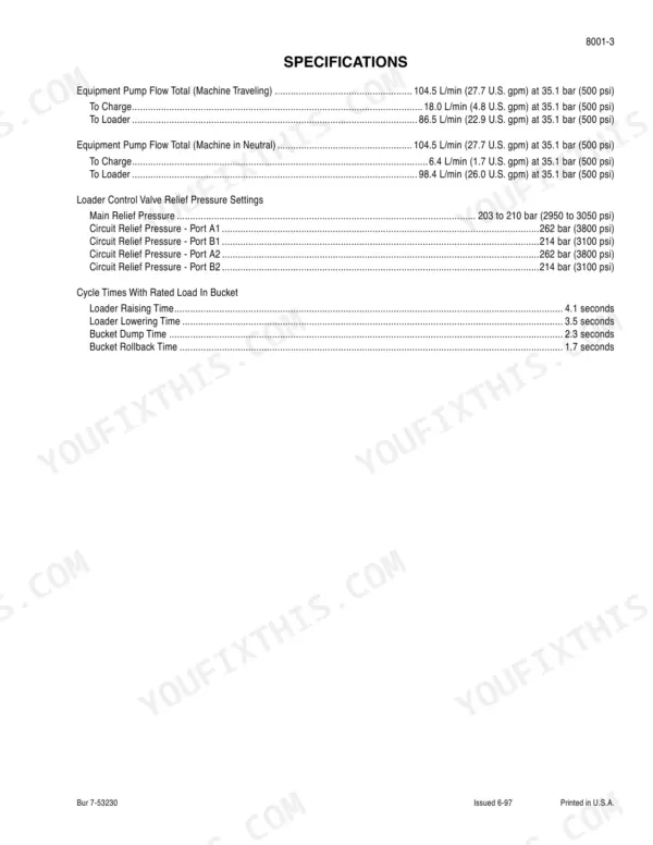 Case 85XT, 90XT, 95XT hydraulic specifications table for pump flow, loader relief pressure, and bucket cycle times.